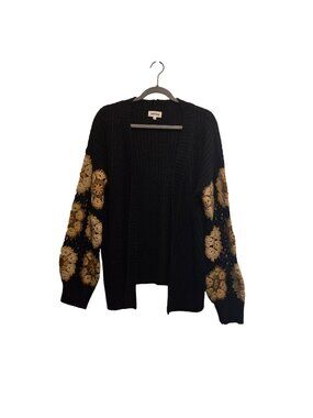 ADORA Black Cream & Tan Floral Sleeve Crochet Cardigan Sweater Womens Large